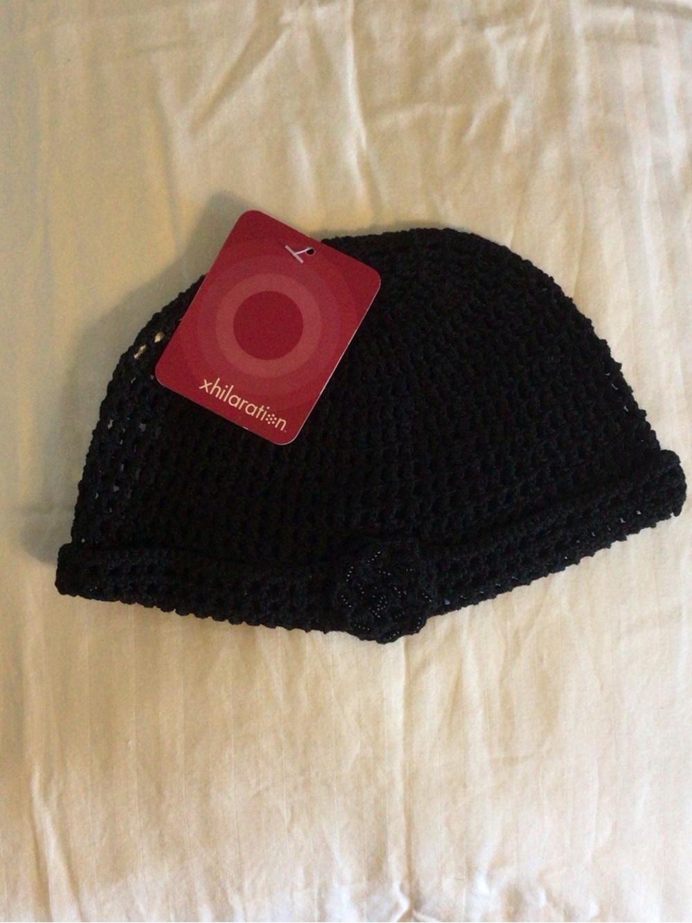 Xhilaration Black Crochet Beanie with Beaded Flower Accent NWT
